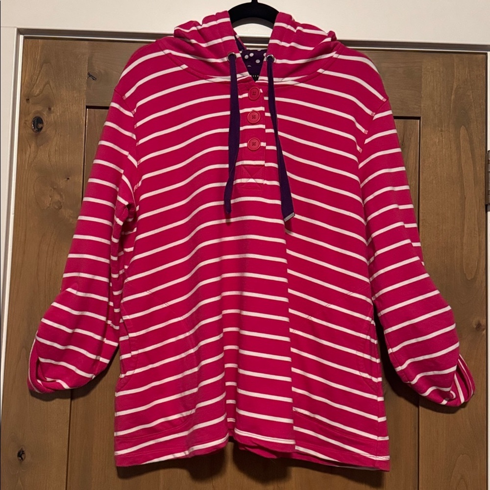 Susan Graver Weekend Fuchsia White Striped Hoodie Sweatshirt Womens L QVC Beach